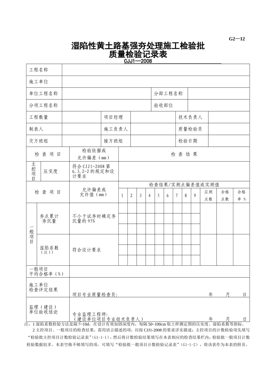 G2—12湿陷性黄土路基强夯处理施工检验批质量检验记录.doc_第1页