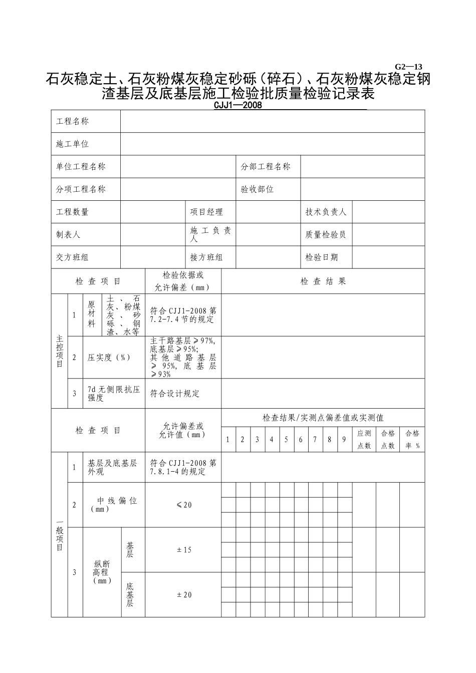 G2—13石灰稳定土、石灰粉煤灰稳定砂砾（碎石）、石灰粉煤灰稳定钢渣基层及底基层施工检验批质量检验记录.doc_第1页