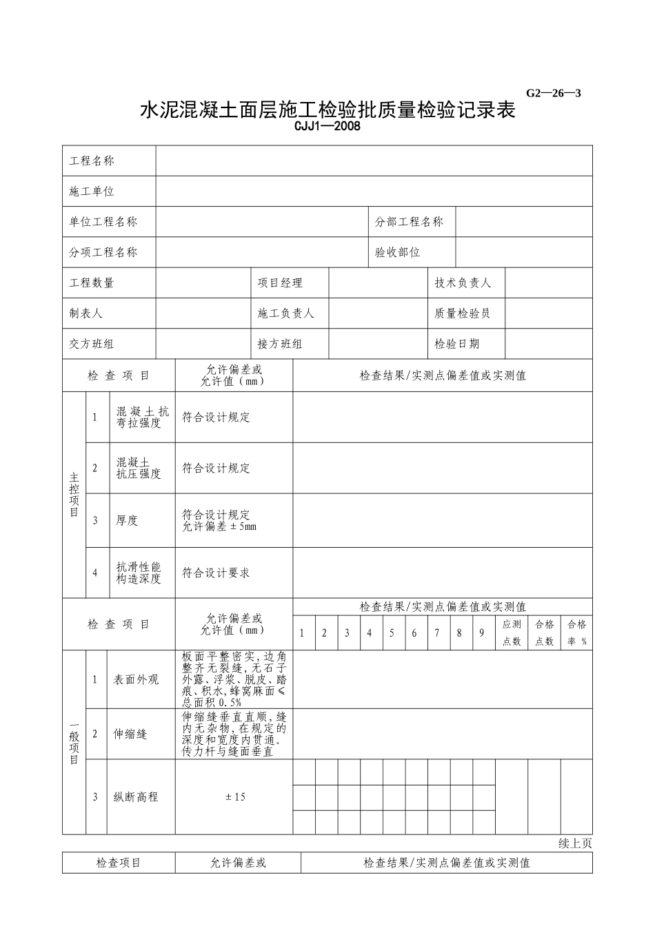 G2—26—3水泥混凝土面层施工检验批质量检验记录.doc_第1页