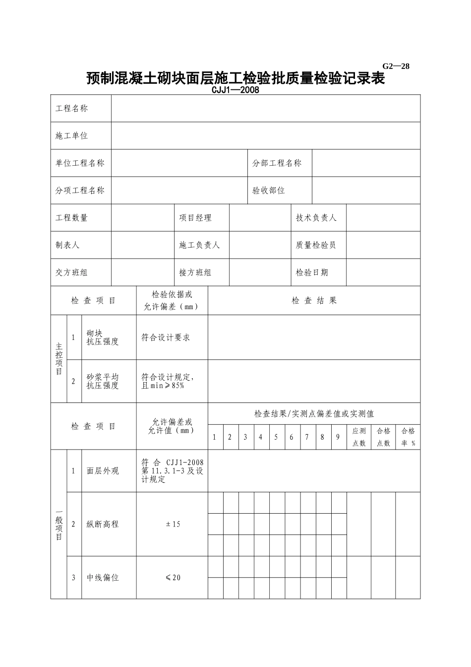G2—28预制混凝土砌块面层施工检验批质量检验记录.doc_第1页