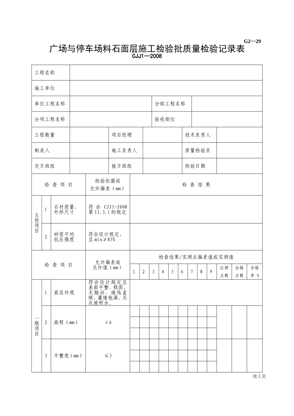 G2—29广场与停车场料石面层施工检验批质量检验记录.doc_第1页