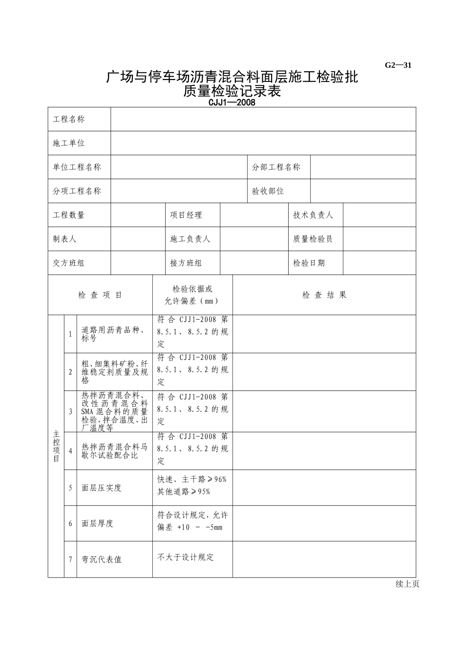G2—31广场与停车场沥青混合料面层施工检验批质量检验记录.doc_第1页