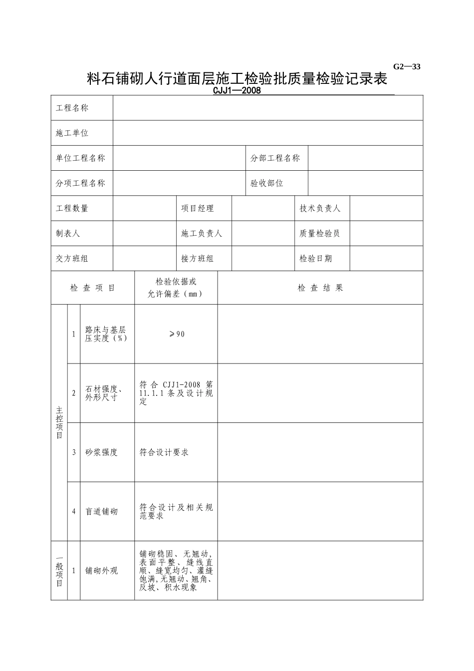 G2—33料石铺砌人行道面层施工检验批质量检验记录.doc_第1页