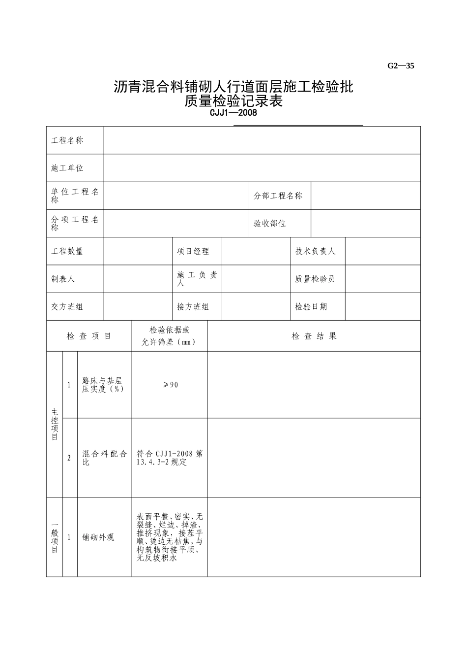 G2—35沥青混合料铺砌人行道面层施工检验批质量检验记录.doc_第1页