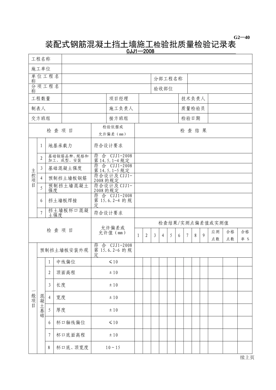 G2—40装配式钢筋混凝土挡土墙施工检验批质量检验记录.doc_第1页