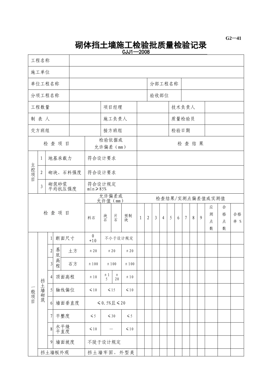 G2—41砌体挡土墙施工检验批质量检验记录.doc_第1页