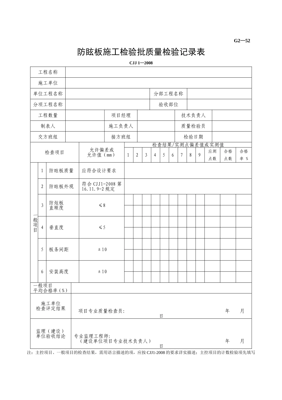 G2—52防眩板施工检验批质量检验记录表.doc_第1页