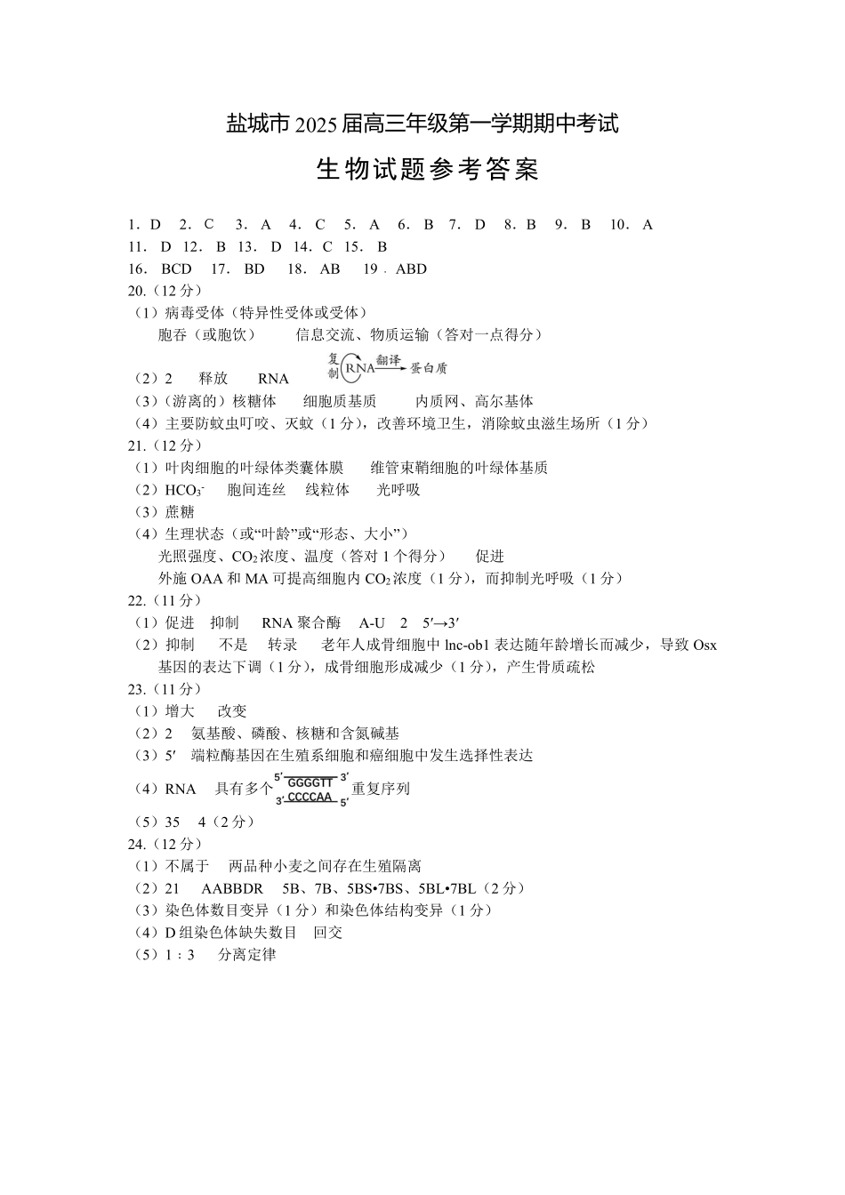 2025届高三期中生物试卷参考答案.pdf_第1页