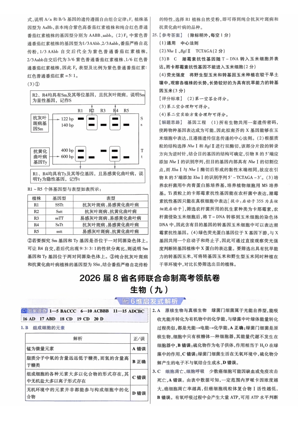 2026金考卷百校联盟高考领航卷生物答案九（新教材不定项选择题版）.pdf_第1页