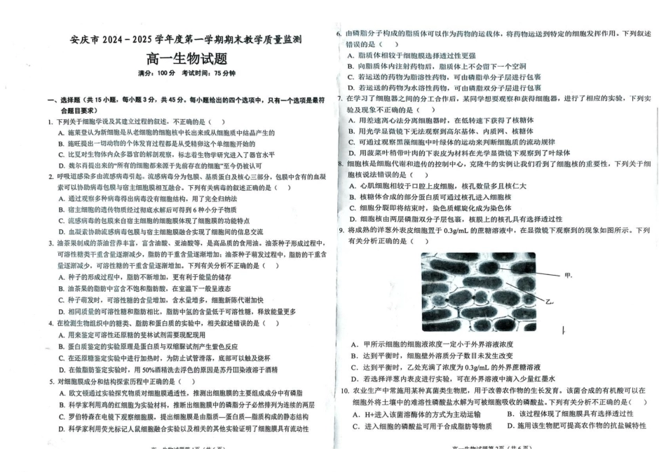 安徽省安庆市2024-2025学年第一学期期末统考高一生物试题及答案高一生物试题.pdf_第1页