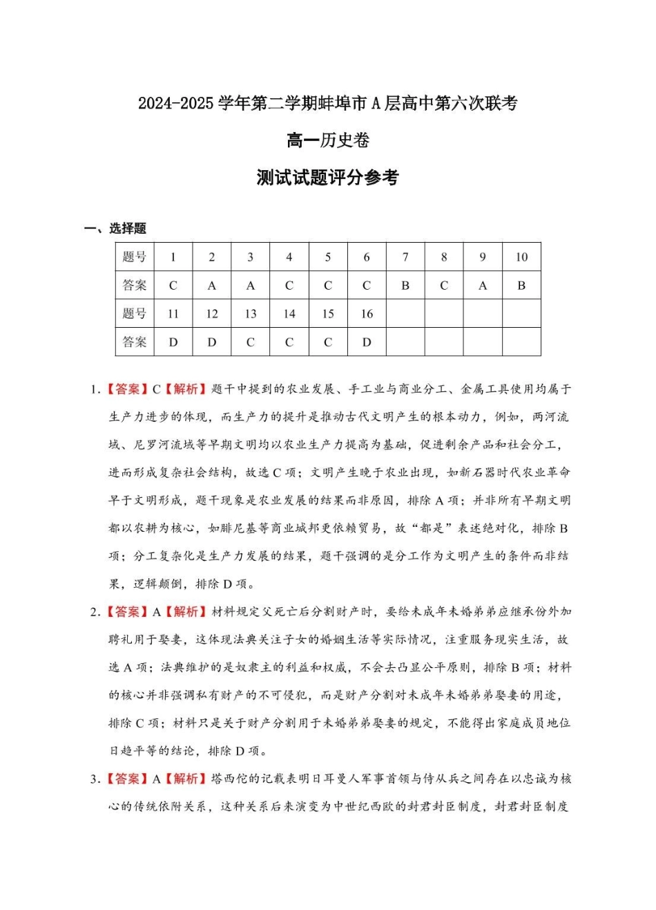 安徽省蚌埠市A层高中2024-2025学年高一下学期第六次联考(5月期中)历史答案.pdf_第1页