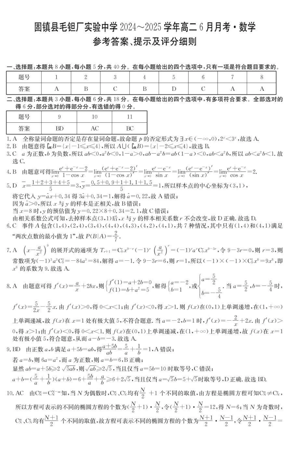 安徽省蚌埠市固镇县固镇县毛钽厂实验中学2024-2025学年高二下学期6月月考数学试卷参考答案.pdf_第1页