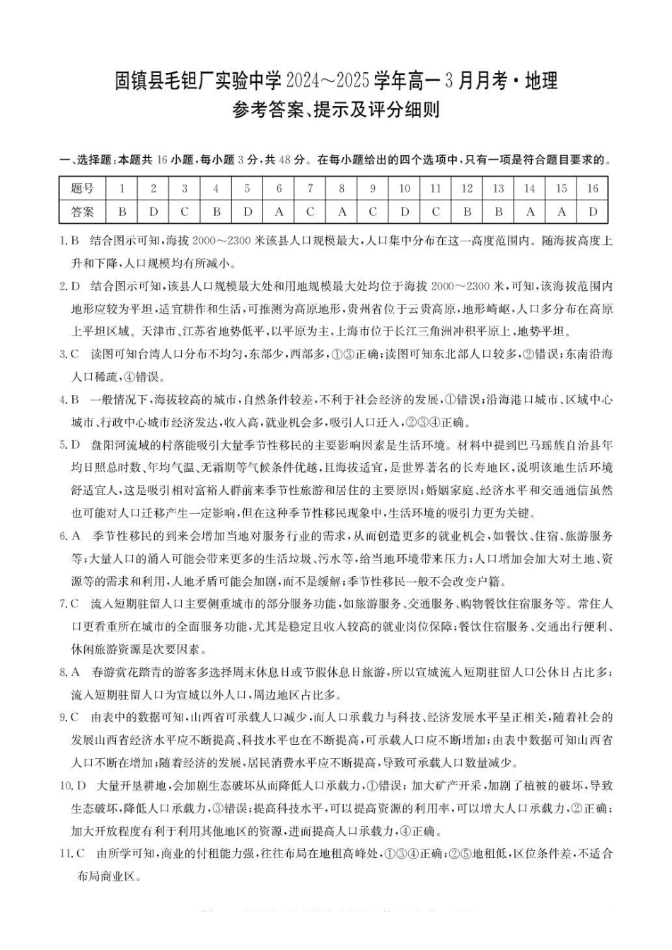 安徽省蚌埠市固镇县固镇县毛钽厂实验中学2024-2025学年高一下学期3月月考地理试卷参考答案.pdf_第1页