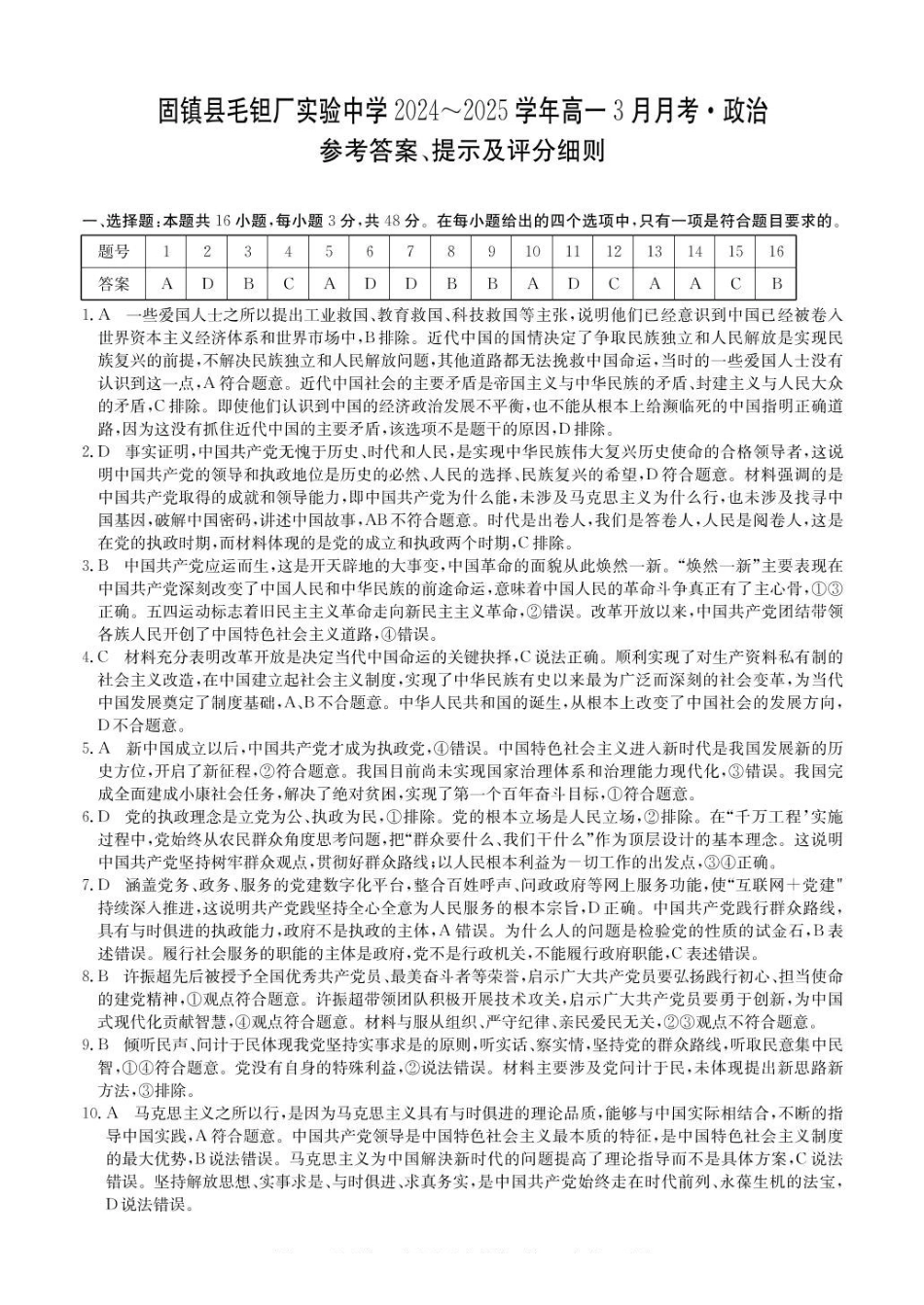 安徽省蚌埠市固镇县固镇县毛钽厂实验中学2024-2025学年高一下学期3月月考政治试卷参考答案.pdf_第1页
