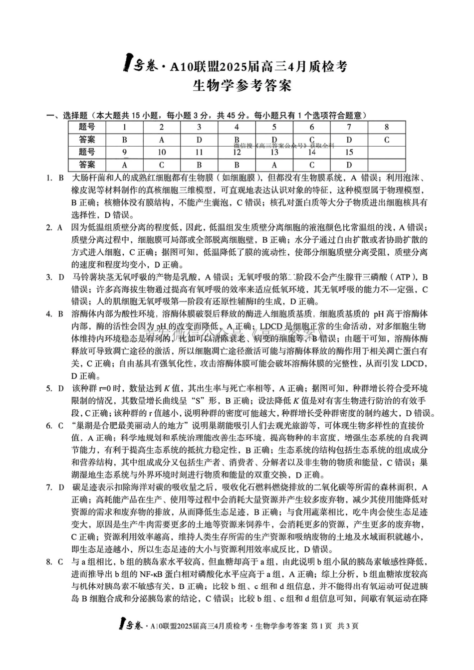安徽省号卷A0联盟2025届gaps4月质检考(4.8-4.9)生物试题卷答案.pdf_第1页