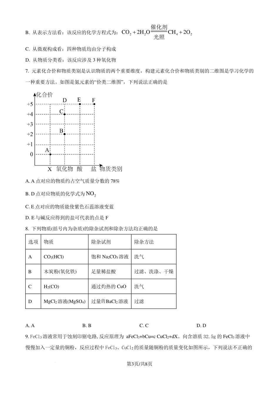 安徽省六校教育研究会2024—2025学年高一上学期新生入学素质测试化学试题().pdf_第3页