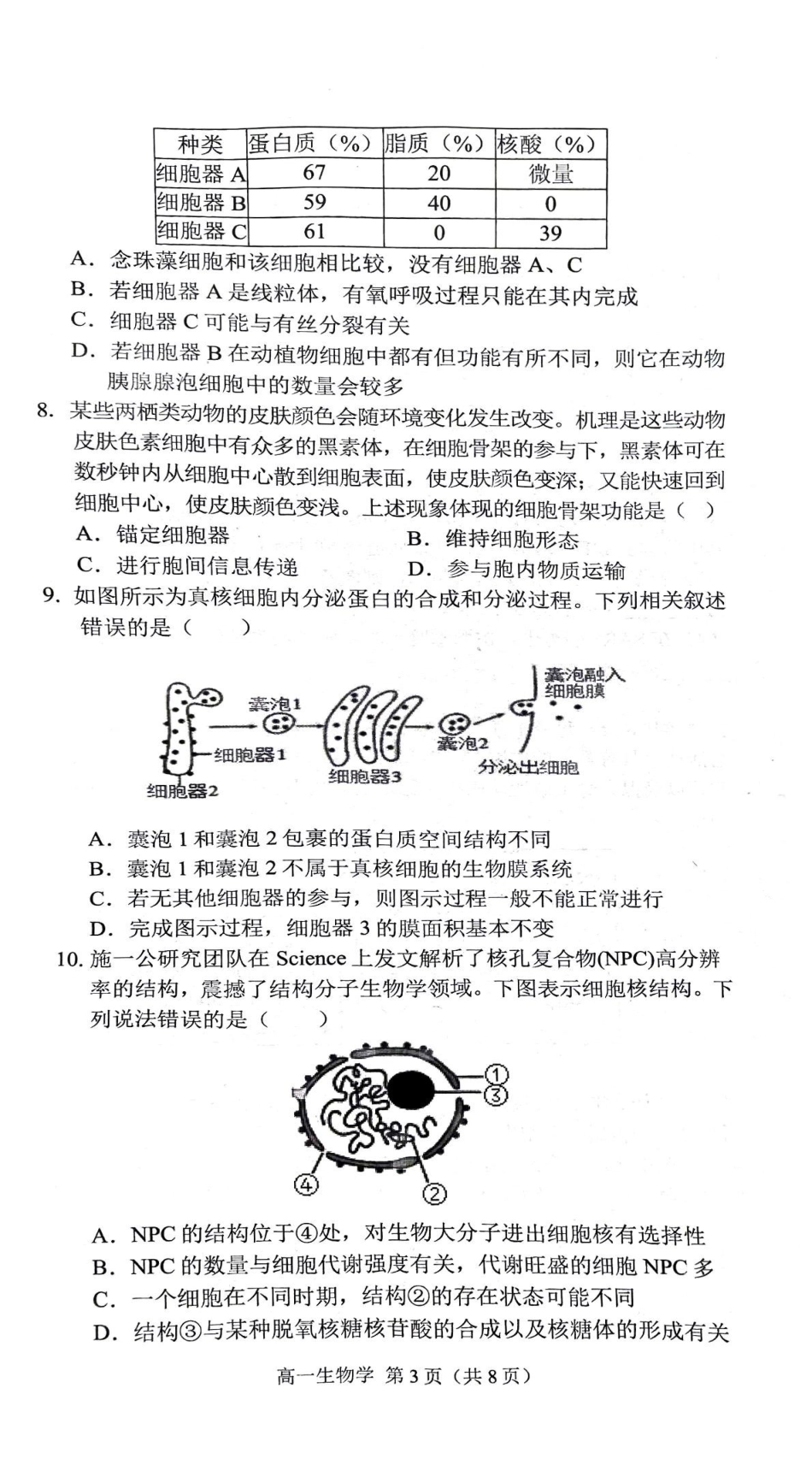 安徽省庐巢联盟2024-2025学年高一上学期第二次月考试题生物含答案.pdf_第3页