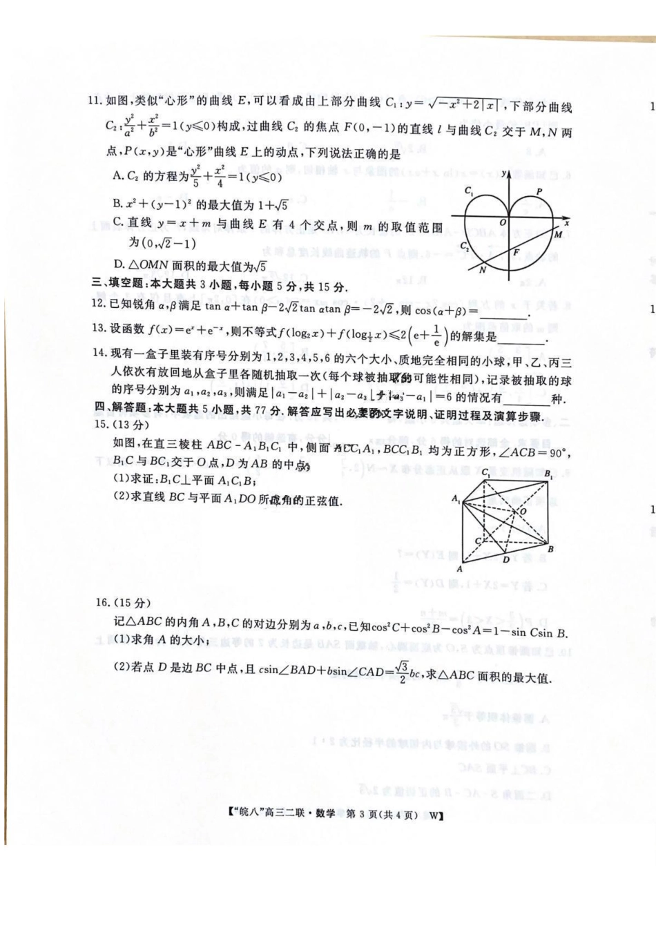 安徽省皖南八校2025届高三第二次大联考(2.8-2.9)数学试卷.pdf_第3页