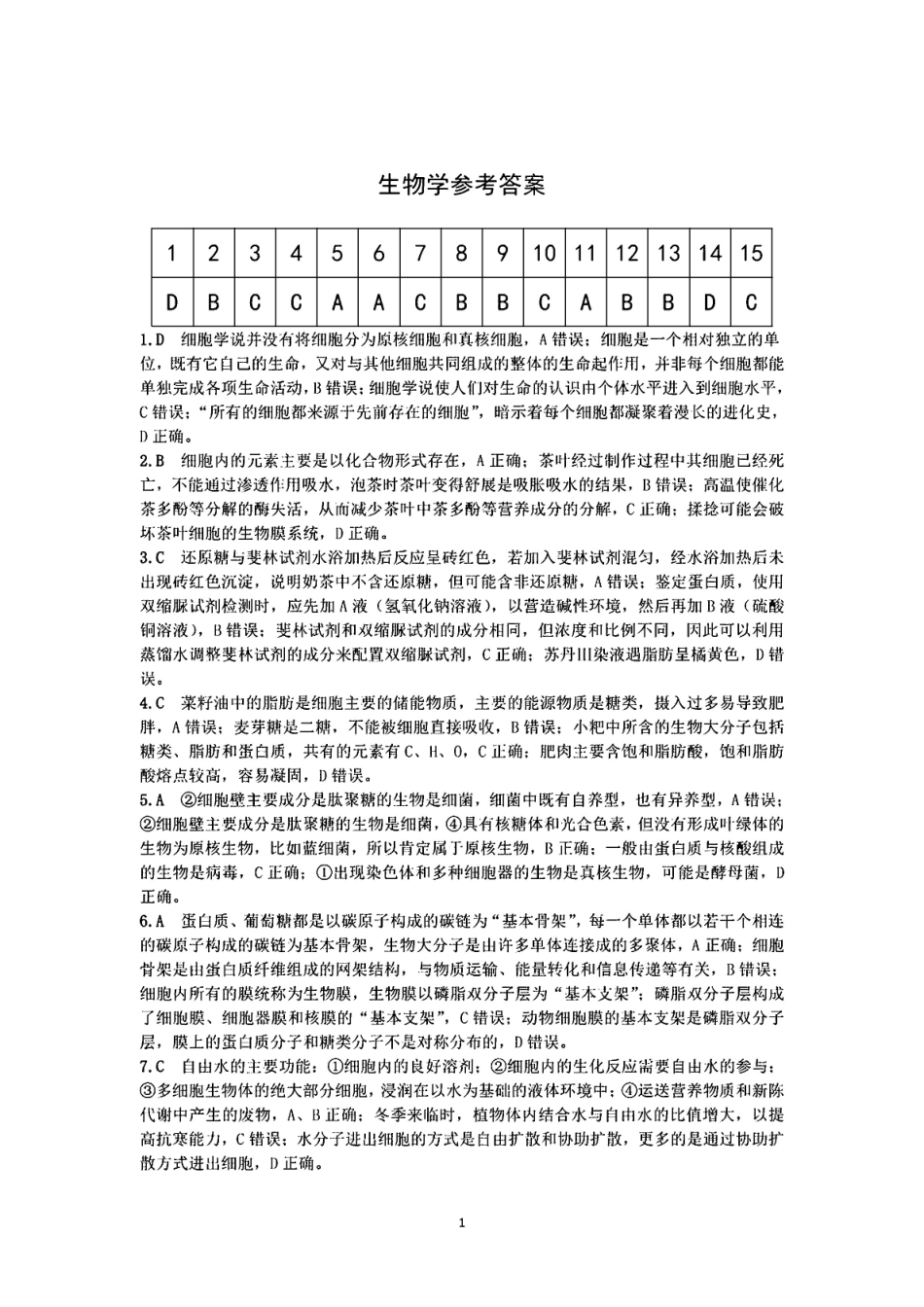 安徽师范大学附属中学2024-2025学年高一上学期2月月考生物答案.pdf_第1页