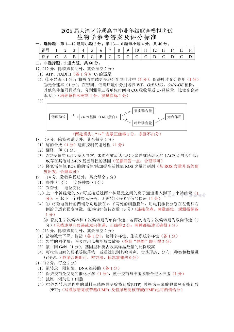 广东省大湾区2026届普通高中毕业年级联合模拟考试生物答案.pdf_第1页
