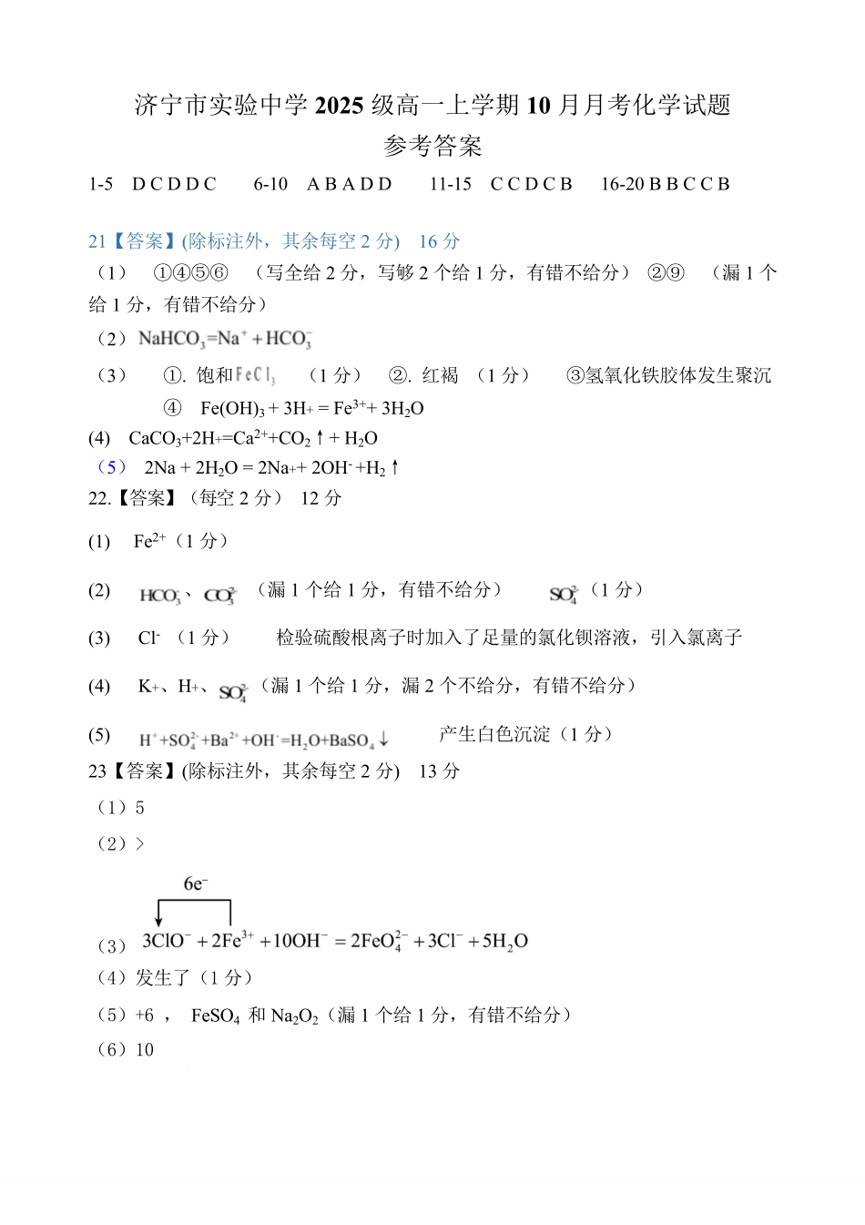 化学试卷答案【高一】山东省济宁市实验中学2025级(2028届)高一上学期0月月考（0.5左右).pdf_第1页