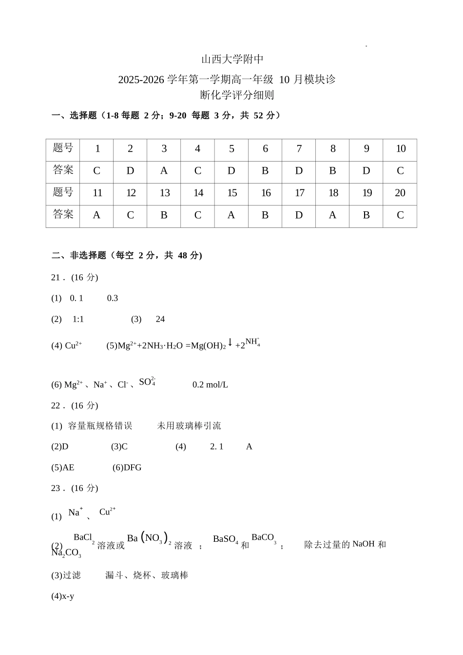 化学试题卷答案【Top30强校】【高一】山西省太原市山西大学附中2025-2026学年第一学期高一0月模块诊断(0.3-0.4).docx_第1页