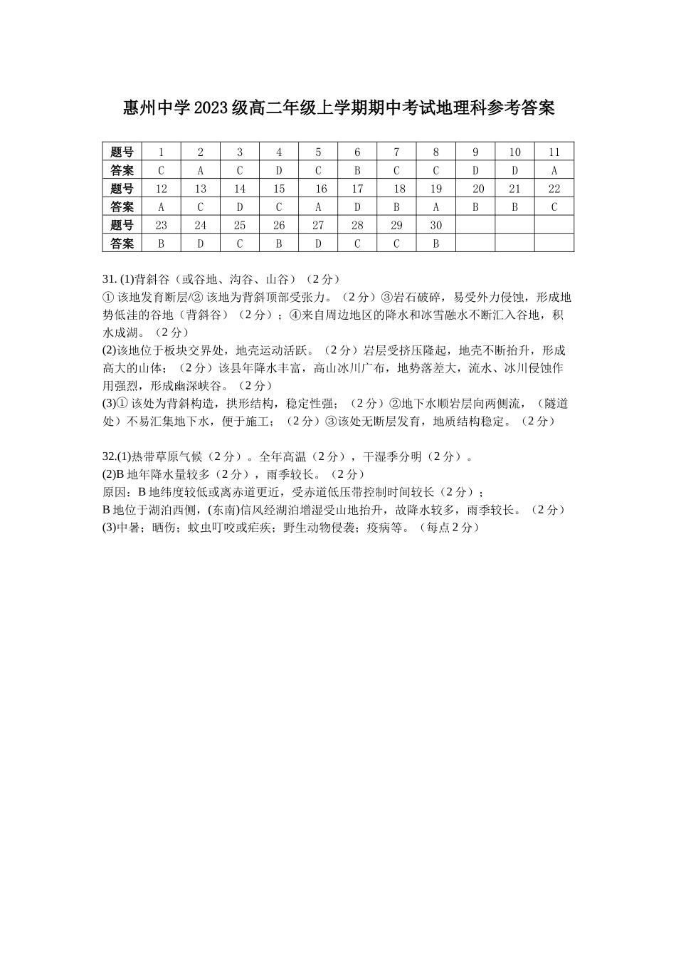 惠州中学2024-2025上学期高二地理科期中答案.docx_第1页