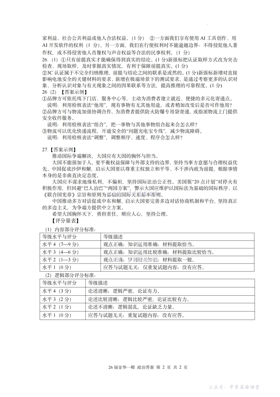 金华十校2025年月高三模拟考试政治答案.pdf_第2页