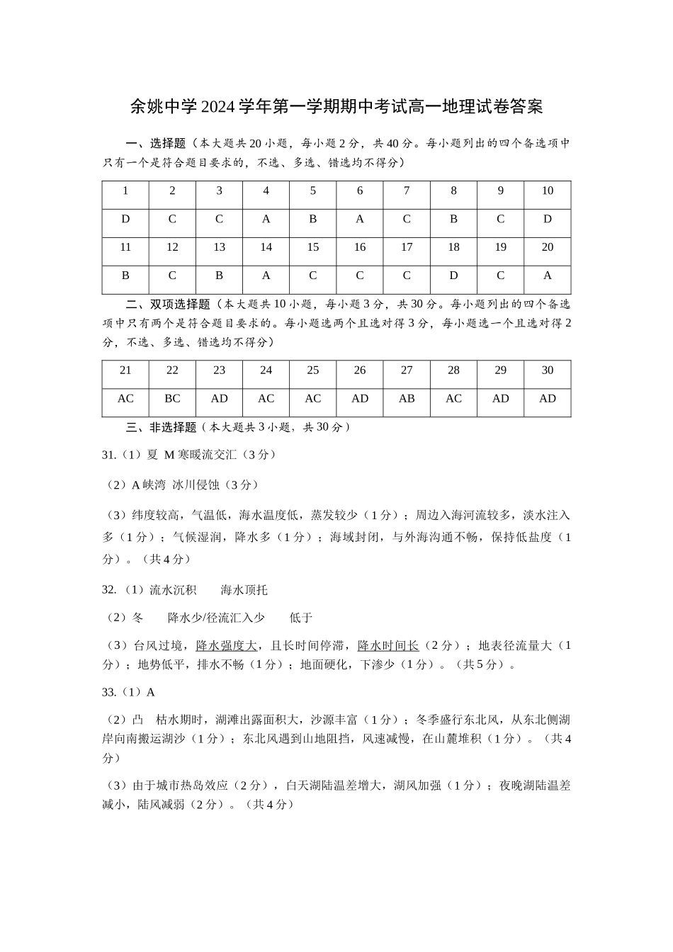 余姚中学2024学年第一学期期中考试高一地理答案.docx_第1页