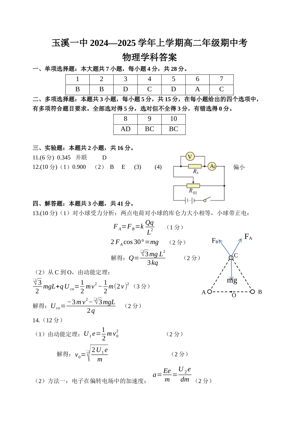 玉溪一中2024—2025学年上学期高二年级期中考高二上学期期中考物理答案.docx_第1页