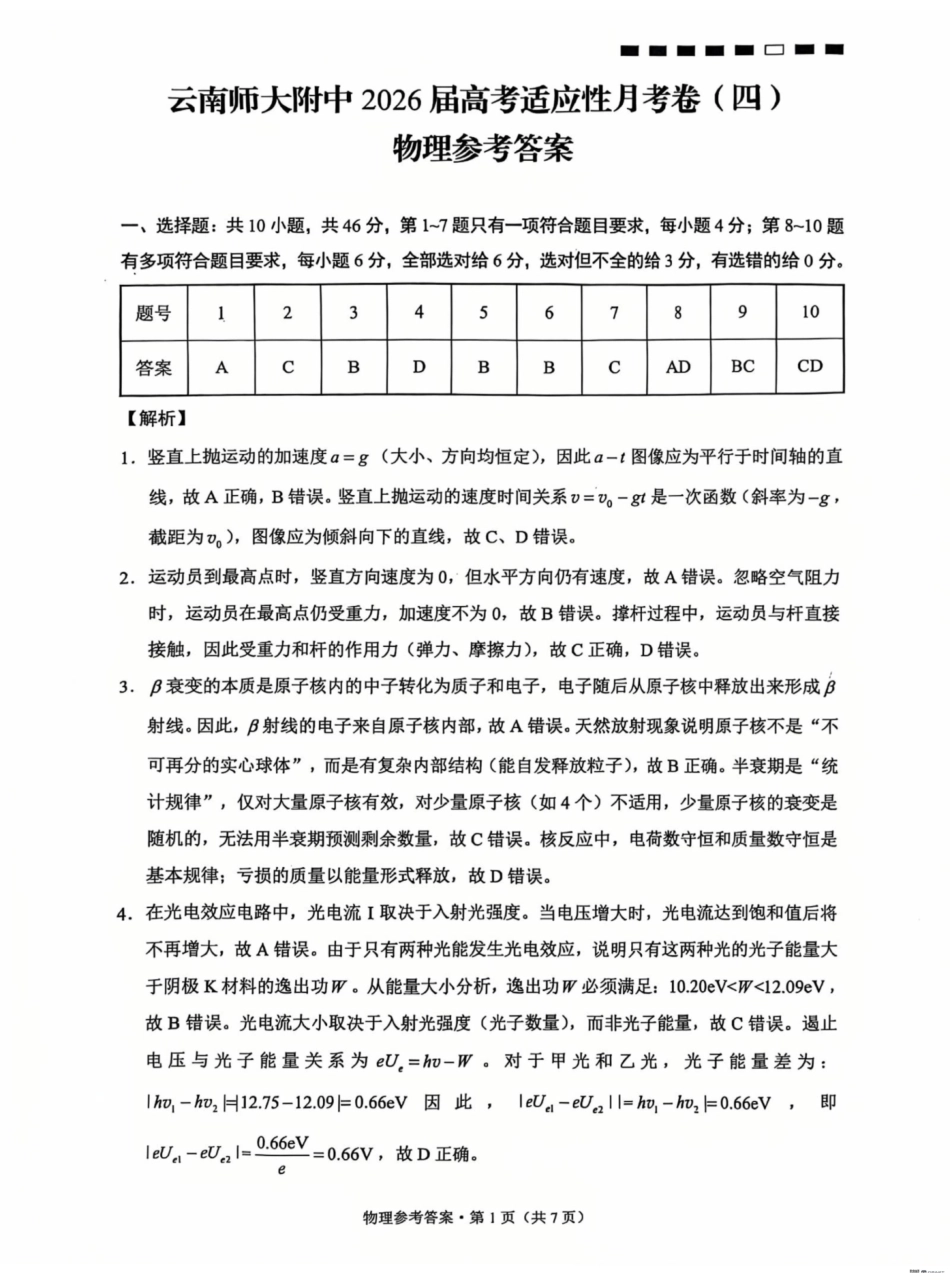云南师大附中2026届高考适应性月考卷(四)物理答案.pdf_第1页