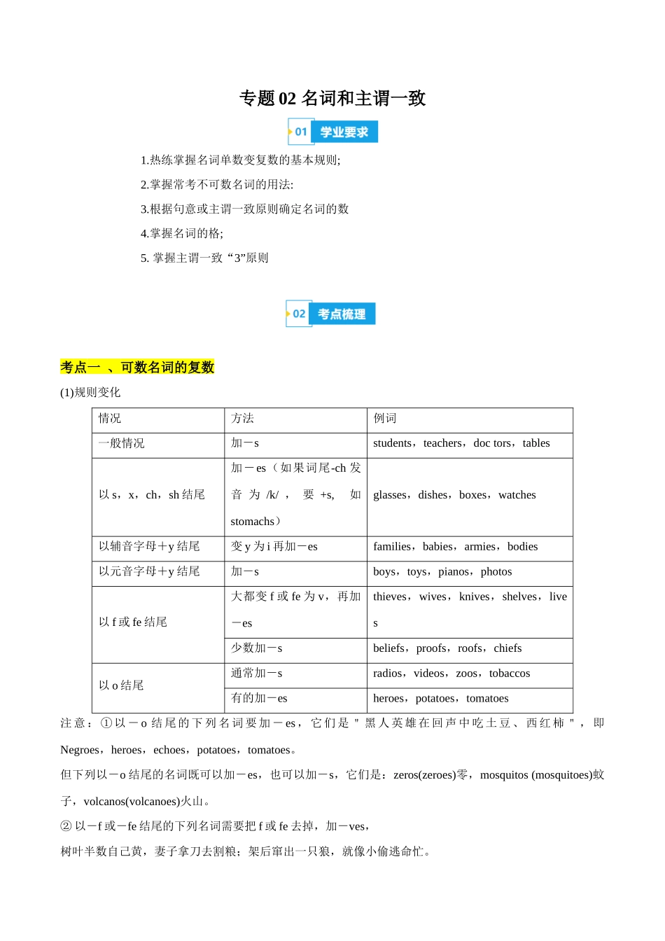 专题02名词和主谓一致(知识梳理+考点精讲精练+实战训练)(原卷版)-【学考复习】2024年高中英语学业水平考试必备考点归纳与测试(新教材专用).docx_第1页