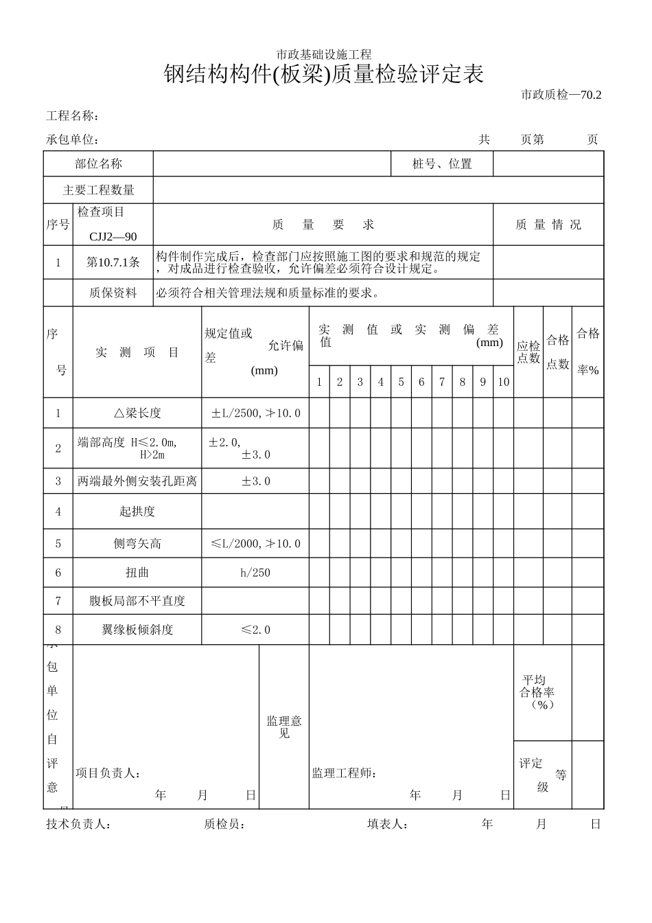 149钢结构构件(板梁)质量检验评定表.xls_第1页