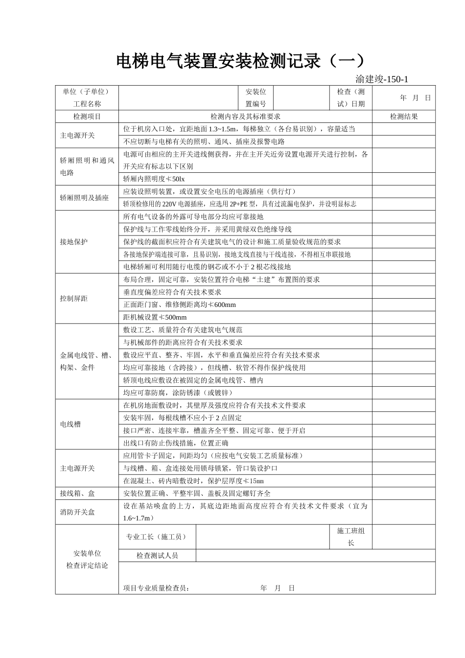 150-1 电梯电气装置安装检测记录(一).doc_第1页