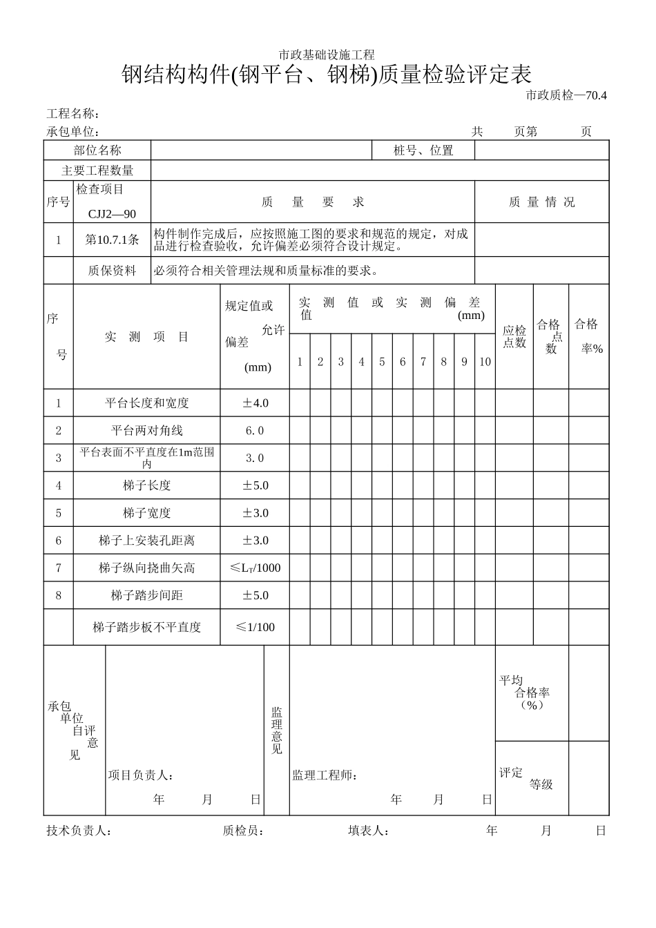 151钢结构构件(钢平台、钢梯)质量检验评定表.xls_第1页