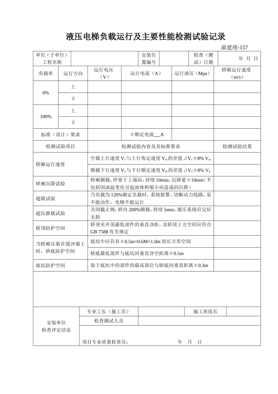 157 液压电梯负载运行及主要性能检测试验记录.doc_第1页