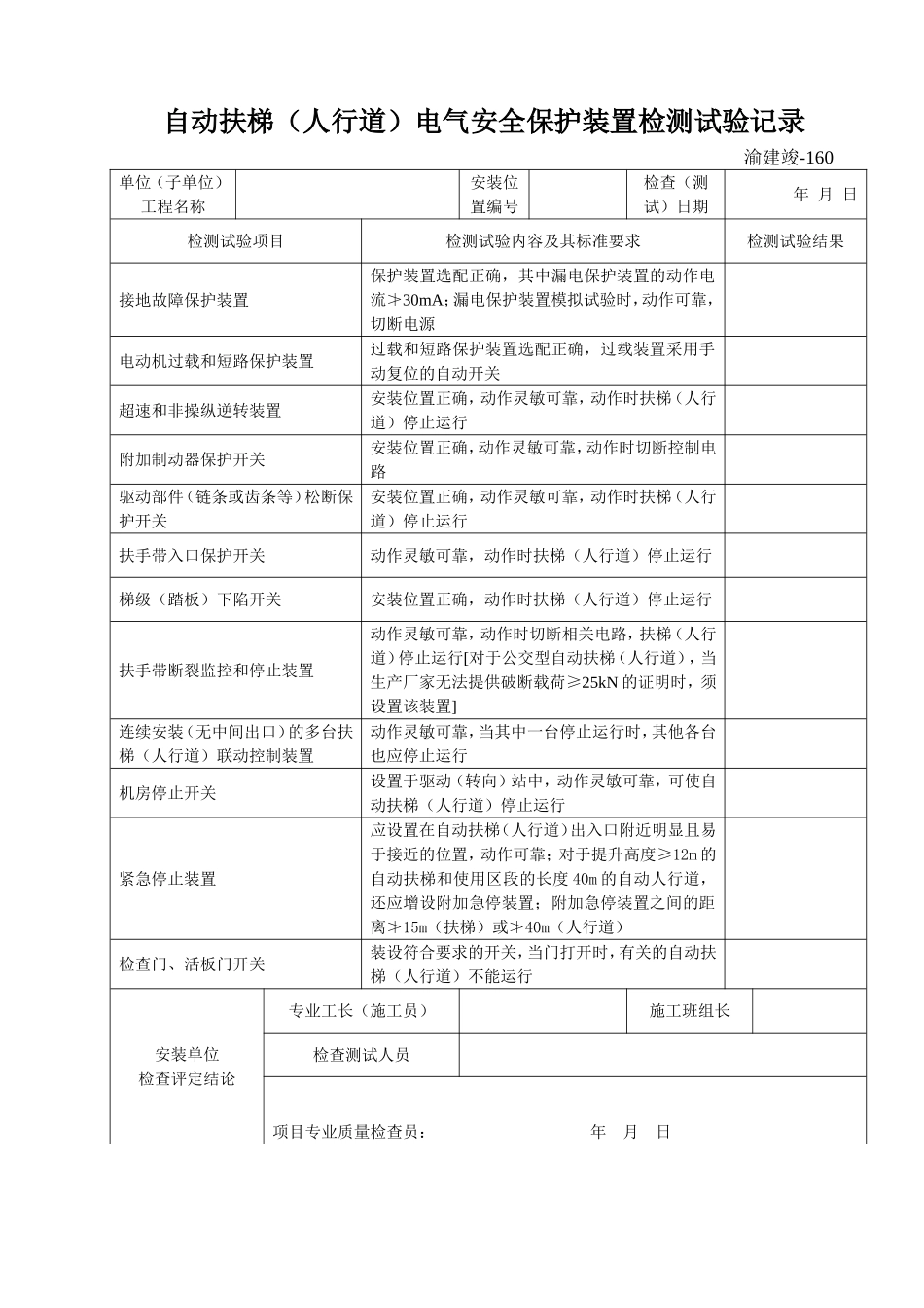 160 自动扶梯(人行道)电气安全保护装置检测试验记录.doc_第1页