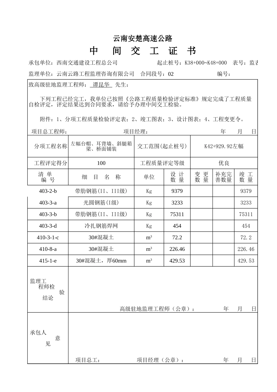K42+929.92左幅台帽、耳背墙、斜腿、箱梁、铺装交工证书.xls_第3页