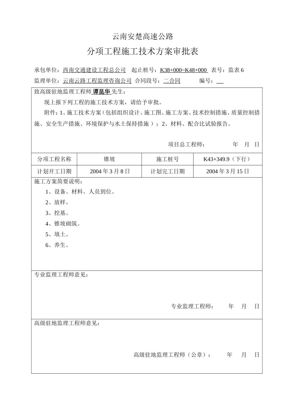 K43+349.9锥坡分项工程施工技术方案审批表.doc_第1页