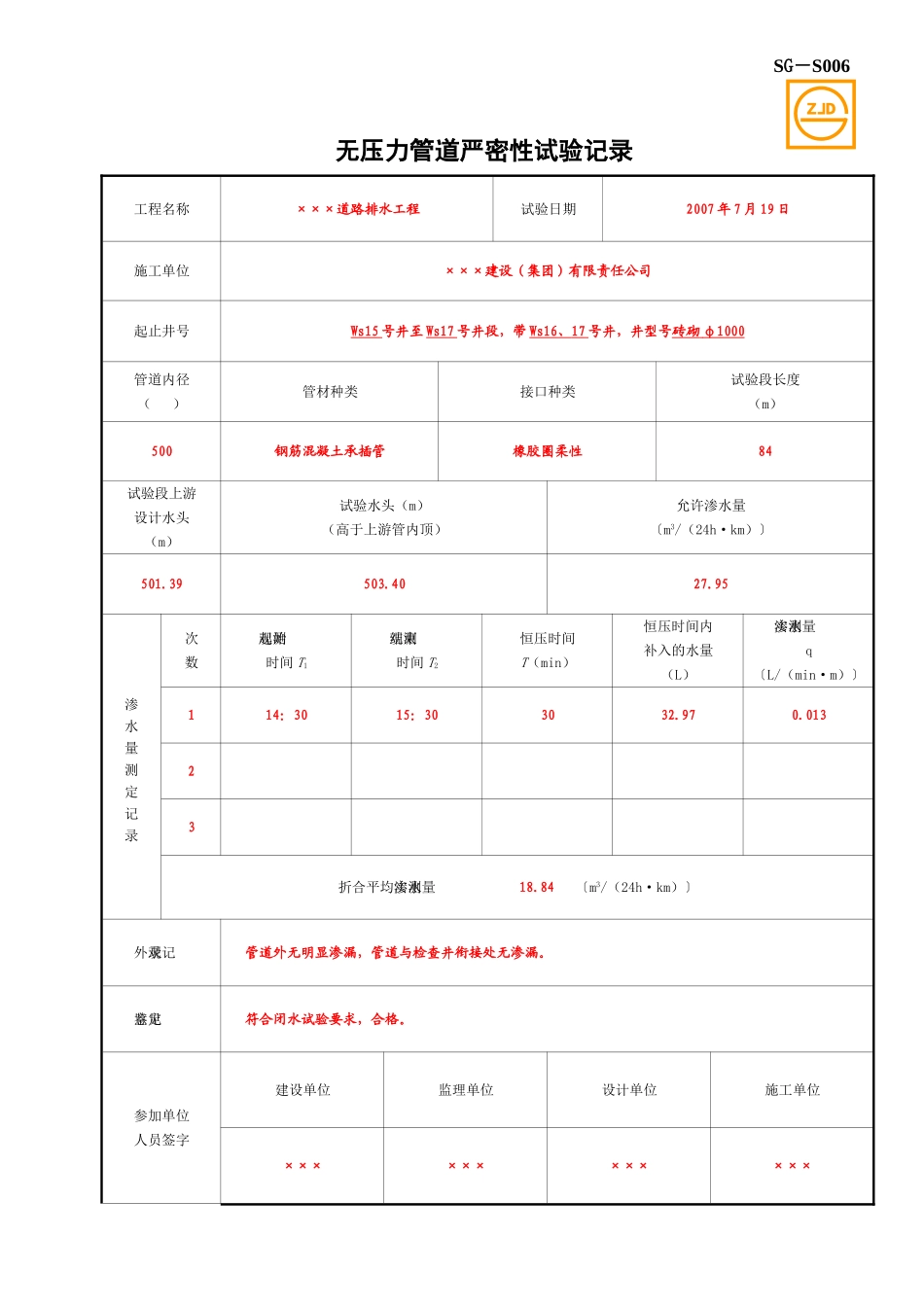 SG-S006无压力管道严密性试验记录.doc_第1页