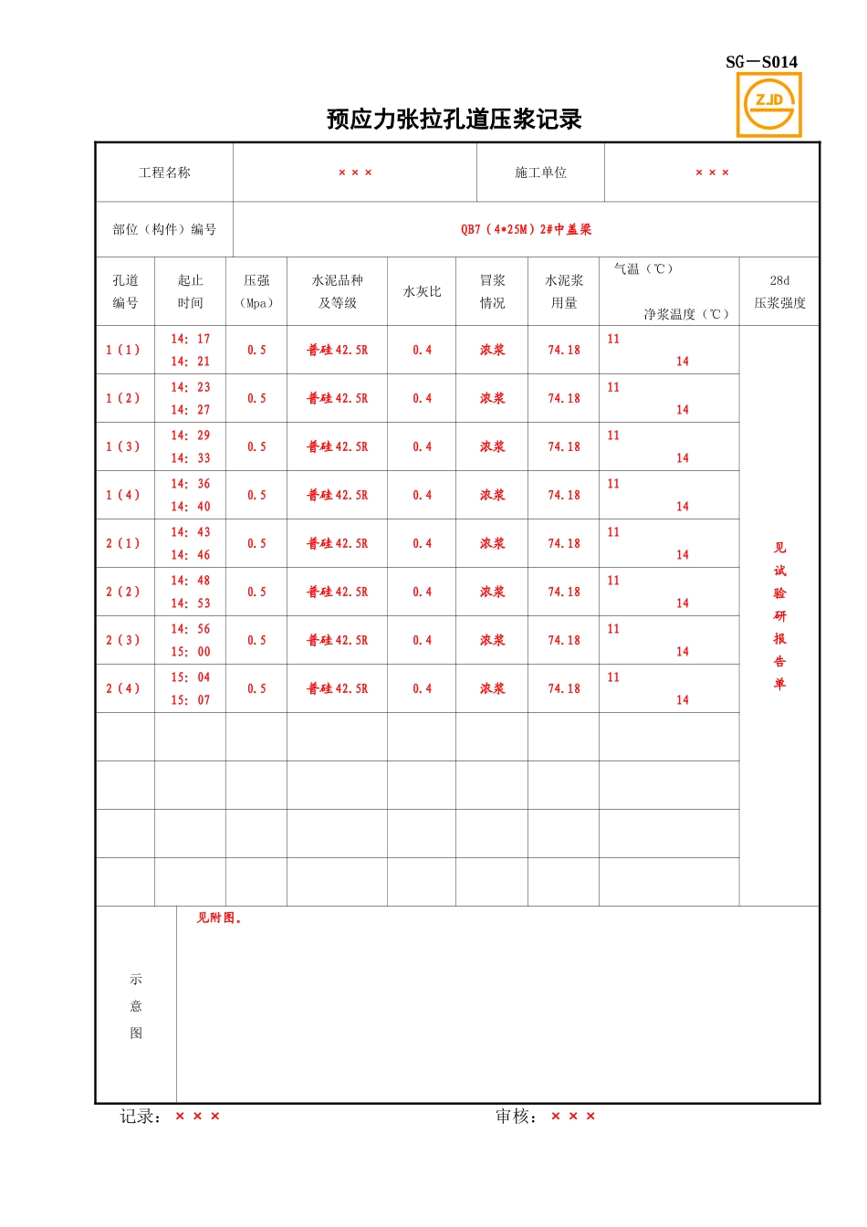 SG-S014预应力张拉孔道压浆记录.doc_第1页