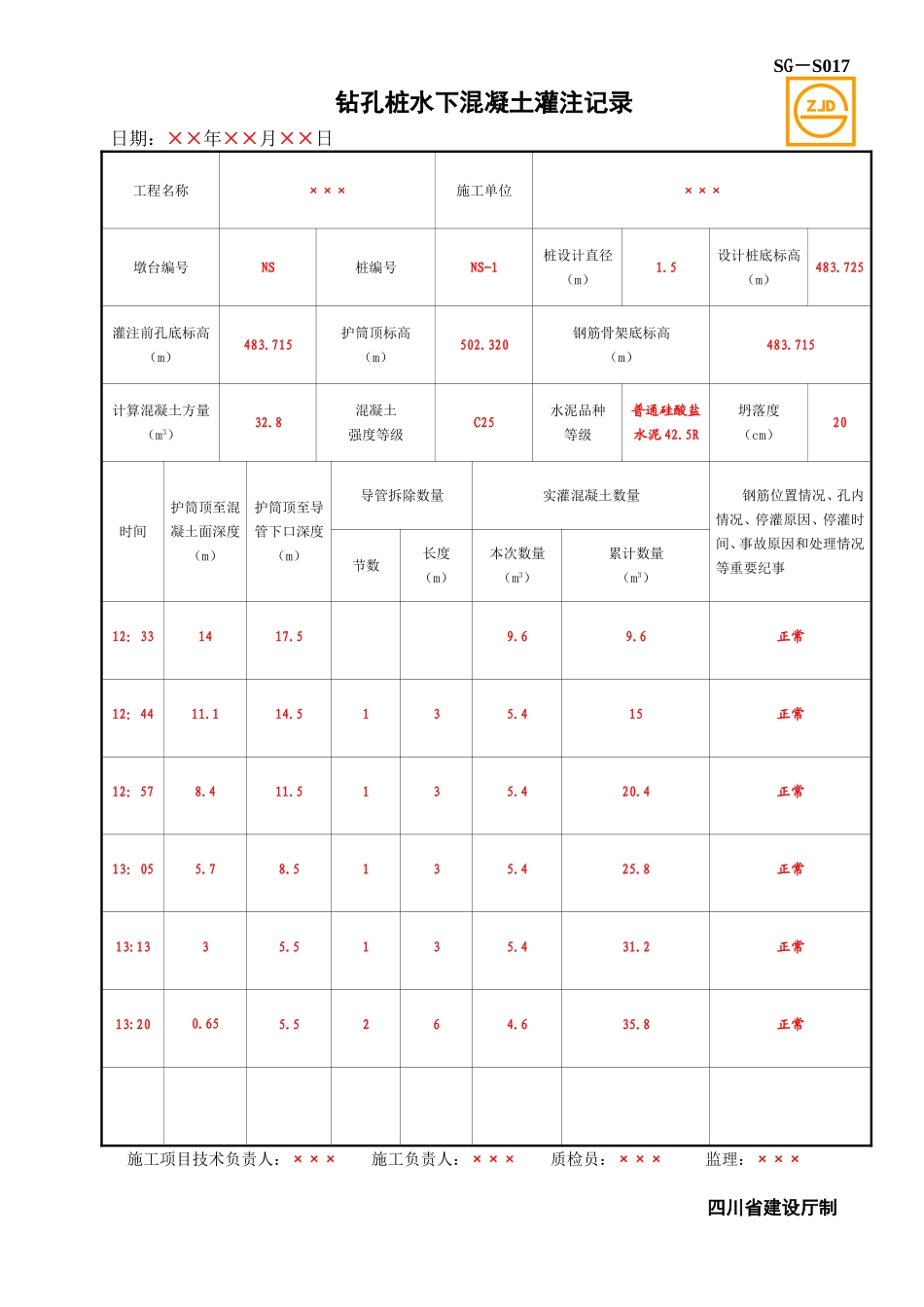 SG-S017钻孔桩水下混凝土灌注记录.doc_第1页