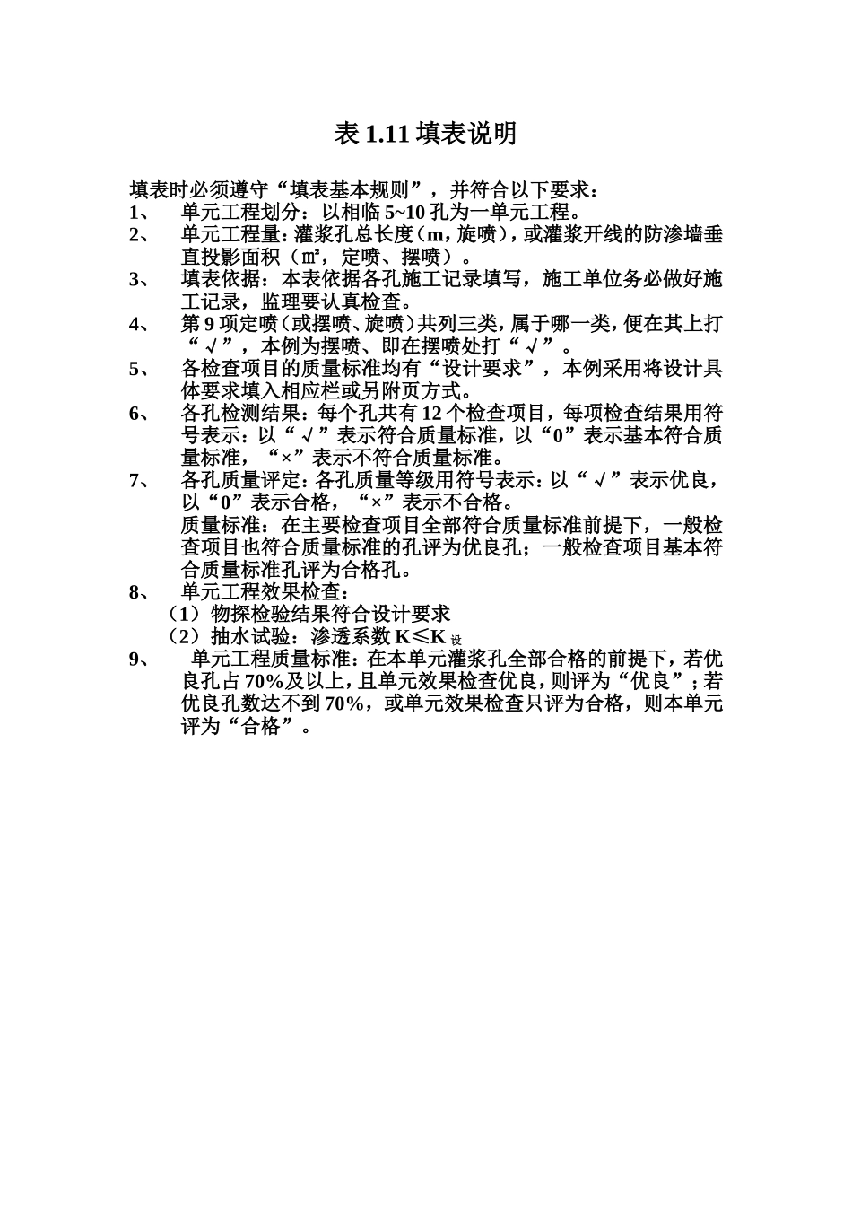 表1.11 高压喷射灌浆单元工程质量评定表填表说明.doc_第1页