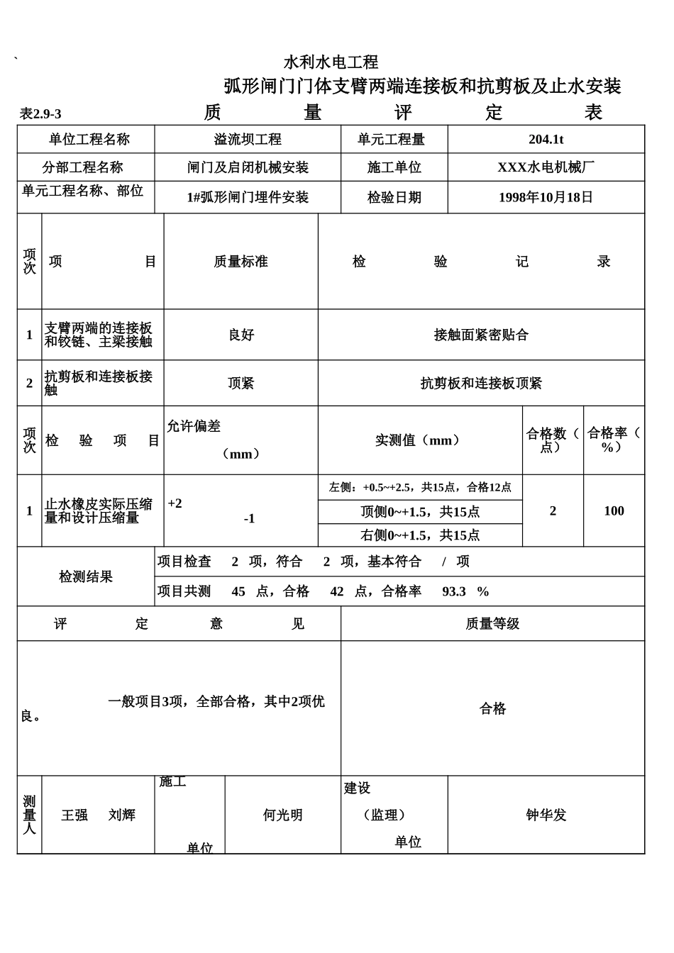 表2.9-3 弧形闸门门体支臂两端连接板和抗剪板及止水安装质量评定表(例表).xls_第1页
