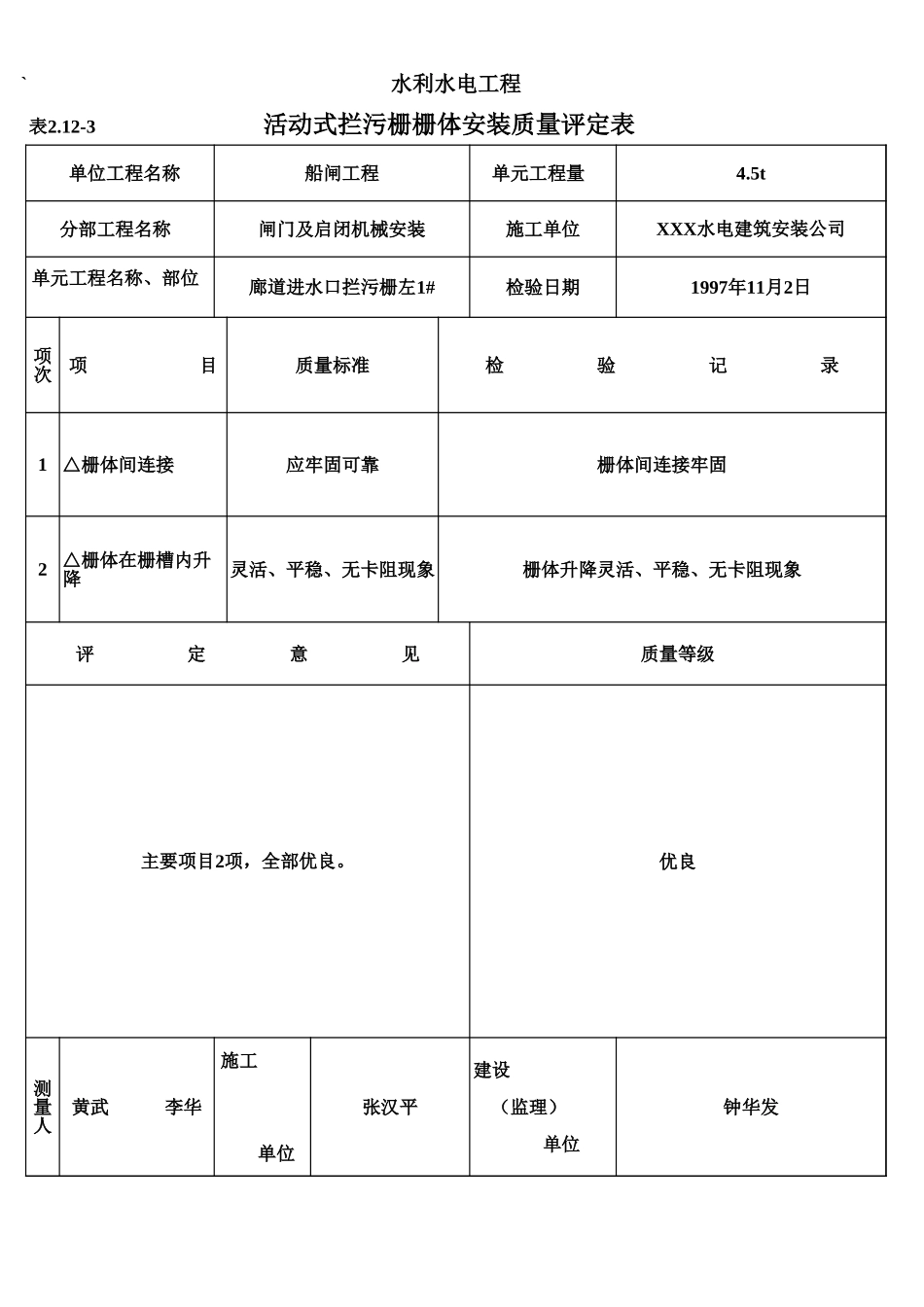 表2.12-3 活动式拦污栅栅体安装质量评定表(例表).xls_第1页