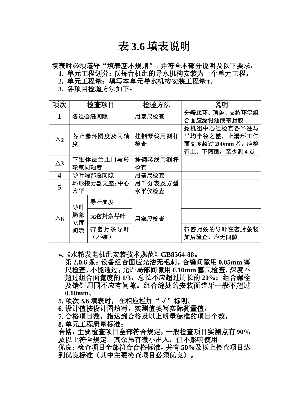 表3.6 立式反击式水轮机导水机构安装单元工程质量评定表填表说明.doc_第1页
