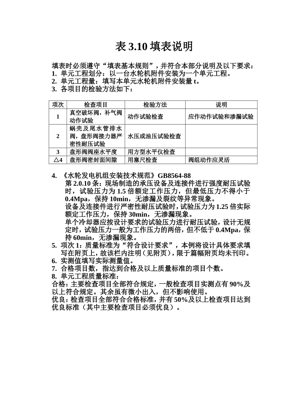 表3.10 立式反击式水轮机附件安装单元工程质量评定表填表说明.doc_第1页