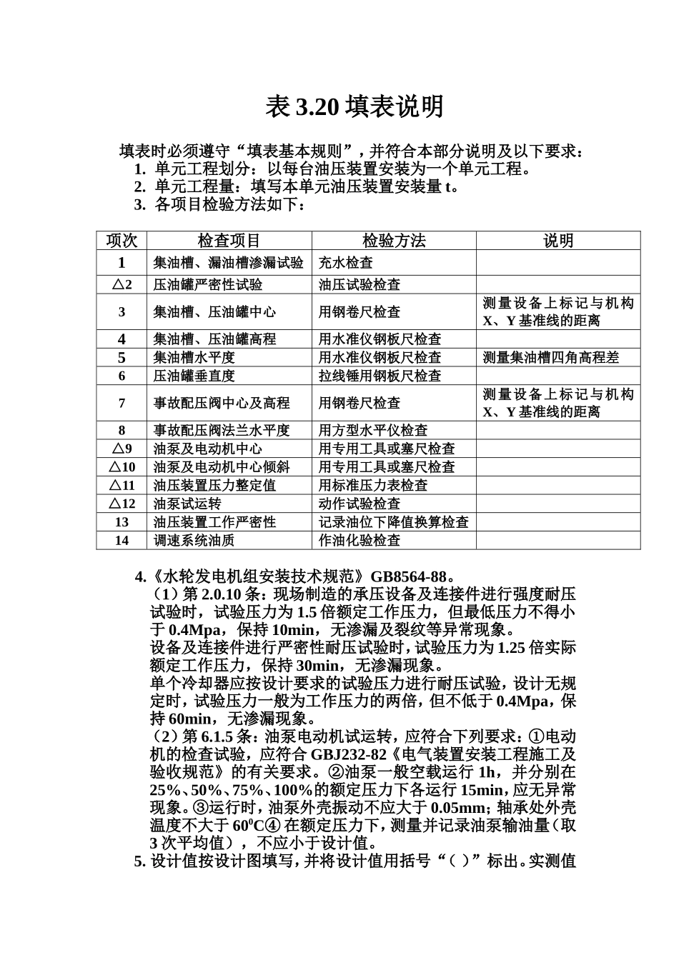 表3.20 油压装置安装单元工程质量评定表填表说明.doc_第1页