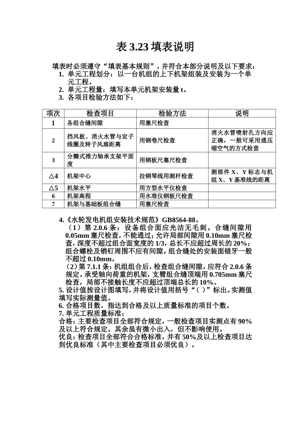 表3.23 立式水轮发电机上、下机架组装及安装单元工程质量评定表填表说明.doc_第1页