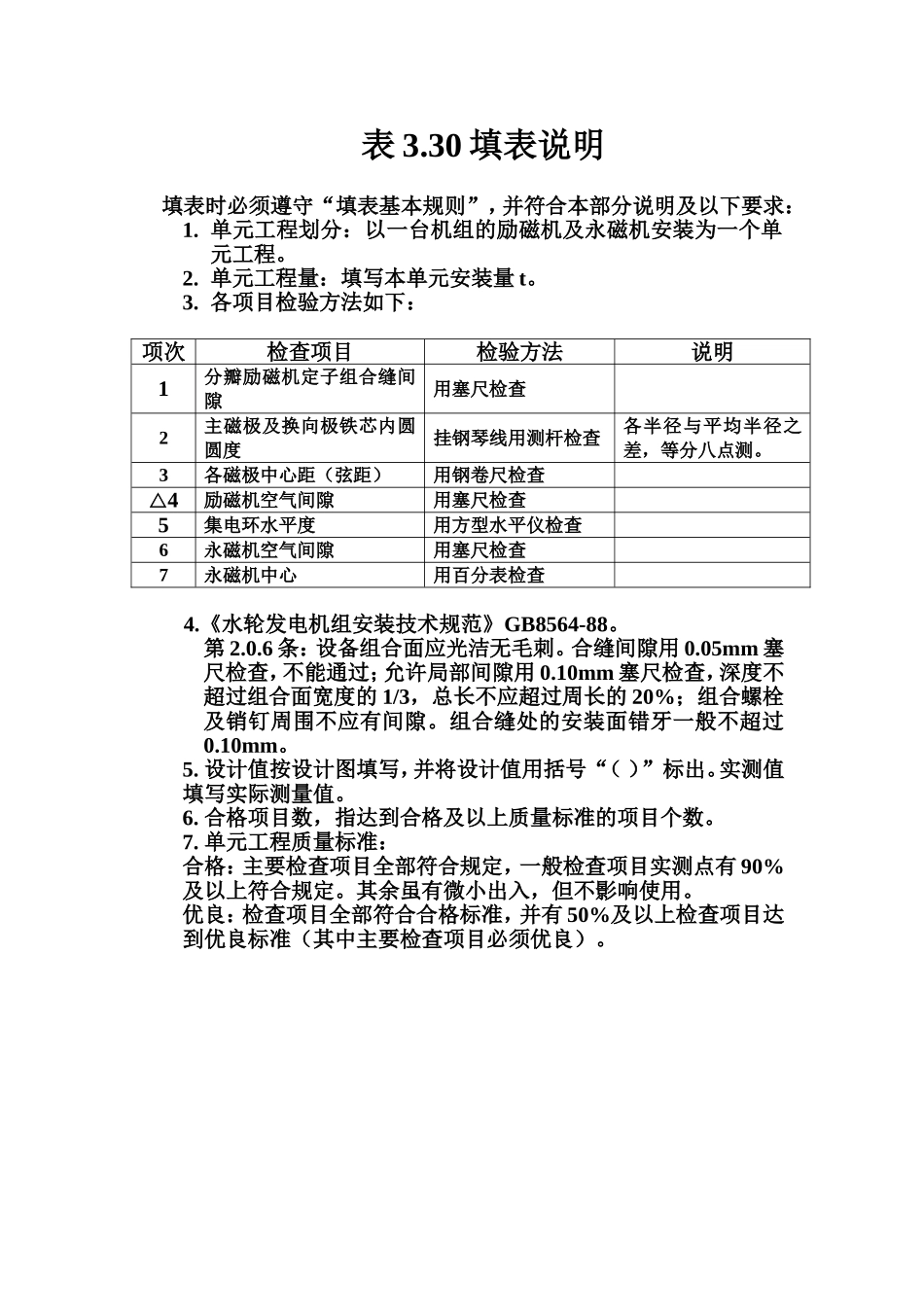 表3.30 立式水轮发电机励磁机及永磁机安装单元工程质量评定表填表说明.doc_第1页